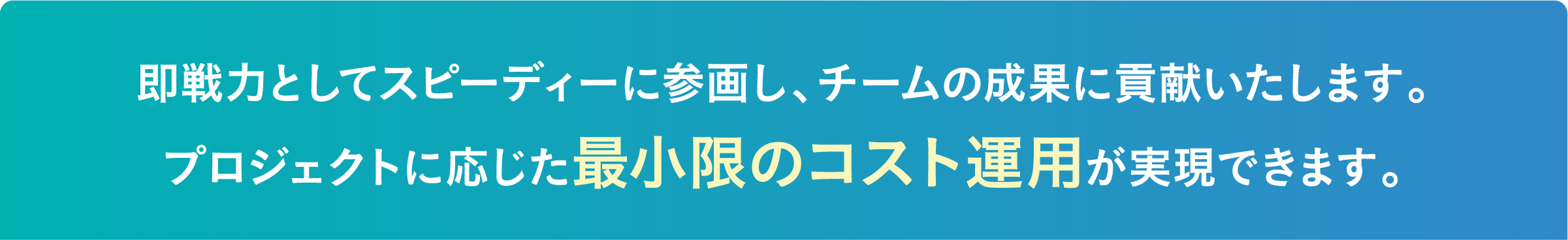 即戦力としてスピーディーに参画し、チームの成果に貢献いたします。プロジェクトに応じた最小限のコスト運用が実現できます。